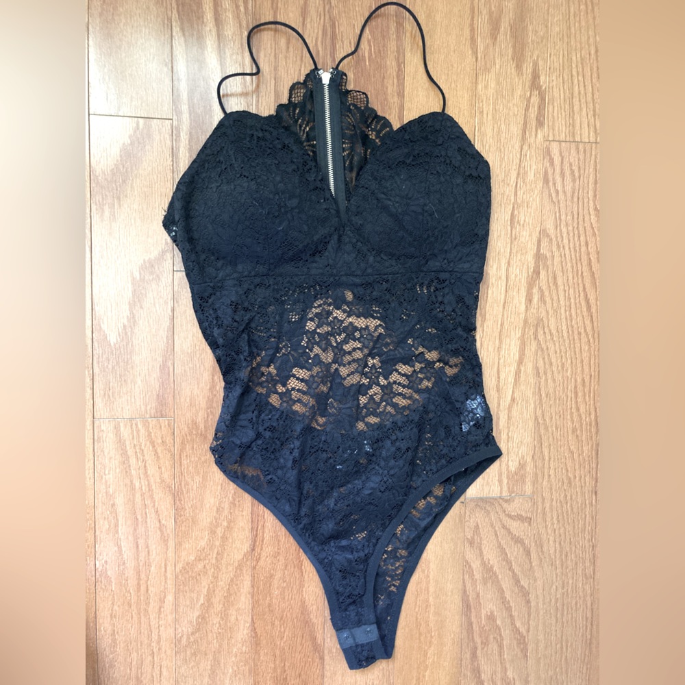 Black lacy bodysuit with back cutout
